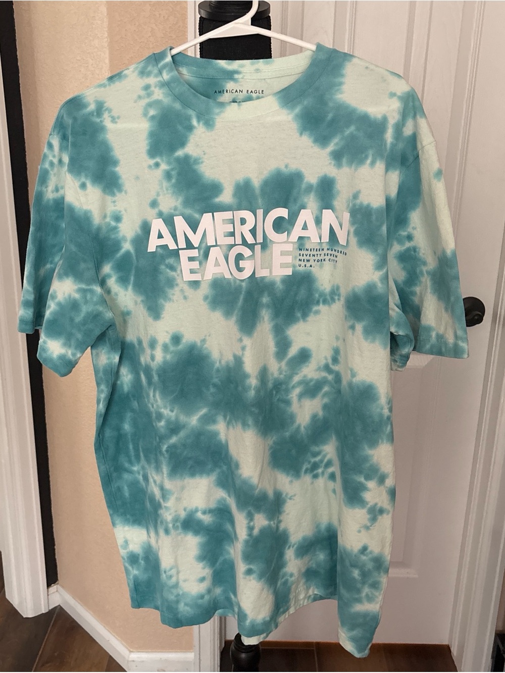 American Eagle Teal and White Tie-Dye Logo Tee